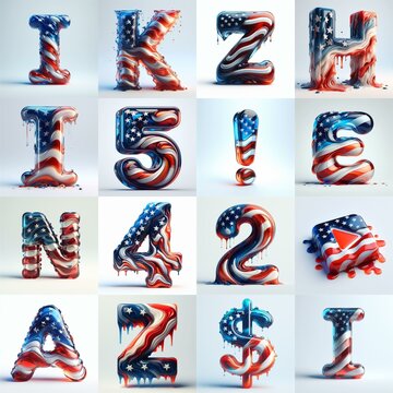 glass letters in color USA flag 3D Lettering Typeface. AI generated illustration