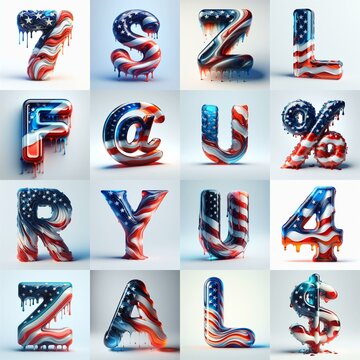 glass letters in color USA flag 3D Lettering Typeface. AI generated illustration