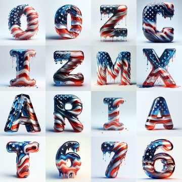 glass letters in color USA flag 3D Lettering Typeface. AI generated illustration
