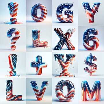glass letters in color USA flag 3D Lettering Typeface. AI generated illustration