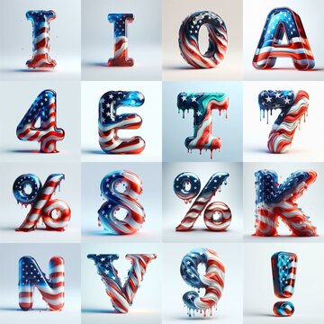 glass letters in color USA flag 3D Lettering Typeface. AI generated illustration