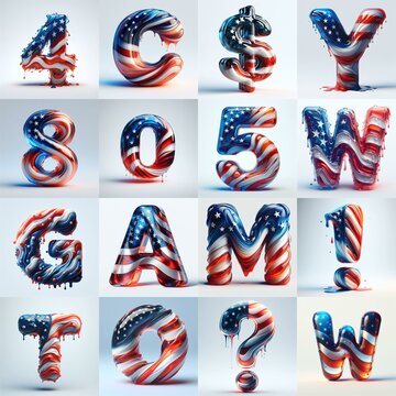 glass letters in color USA flag 3D Lettering Typeface. AI generated illustration