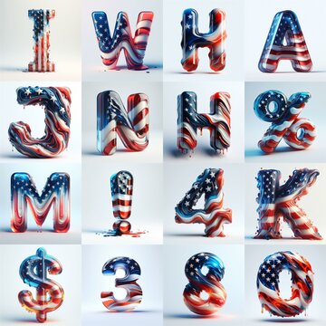 glass letters in color USA flag 3D Lettering Typeface. AI generated illustration