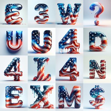 glass letters in color USA flag 3D Lettering Typeface. AI generated illustration