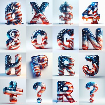 glass letters in color USA flag 3D Lettering Typeface. AI generated illustration