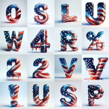 glass letters in color USA flag 3D Lettering Typeface. AI generated illustration