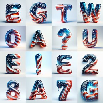 glass letters in color USA flag 3D Lettering Typeface. AI generated illustration