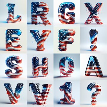 glass letters in color USA flag 3D Lettering Typeface. AI generated illustration