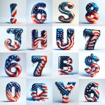 glass letters in color USA flag 3D Lettering Typeface. AI generated illustration