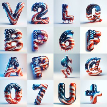 glass letters in color USA flag 3D Lettering Typeface. AI generated illustration
