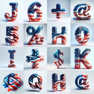 glass letters in color USA flag 3D Lettering Typeface. AI generated illustration