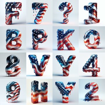 glass letters in color USA flag 3D Lettering Typeface. AI generated illustration