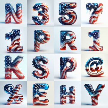 glass letters in color USA flag 3D Lettering Typeface. AI generated illustration