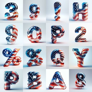 glass letters in color USA flag 3D Lettering Typeface. AI generated illustration