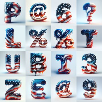 glass letters in color USA flag 3D Lettering Typeface. AI generated illustration