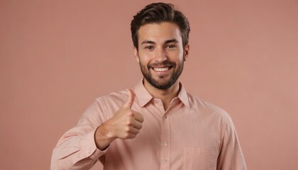 Wall Mural - A man with a beard in a peach shirt giving a thumbs up, his confident grin suggesting approval and positivity.