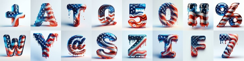 Wall Mural - glass letters in color USA flag 3D Lettering Typeface. AI generated illustration