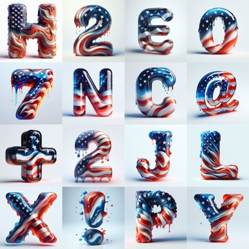 glass letters in color USA flag 3D Lettering Typeface. AI generated illustration