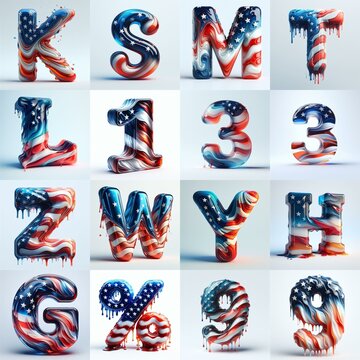 glass letters in color USA flag 3D Lettering Typeface. AI generated illustration