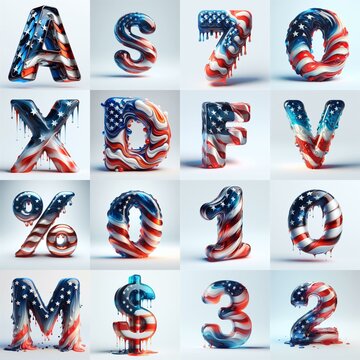 glass letters in color USA flag 3D Lettering Typeface. AI generated illustration
