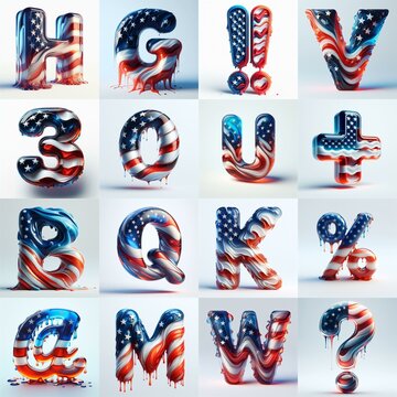 glass letters in color USA flag 3D Lettering Typeface. AI generated illustration