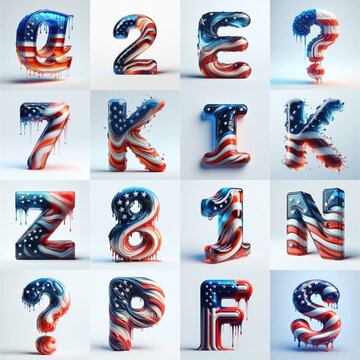 glass letters in color USA flag 3D Lettering Typeface. AI generated illustration