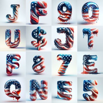 glass letters in color USA flag 3D Lettering Typeface. AI generated illustration