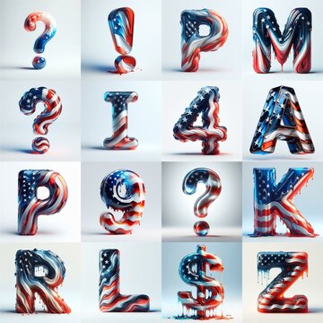 glass letters in color USA flag 3D Lettering Typeface. AI generated illustration