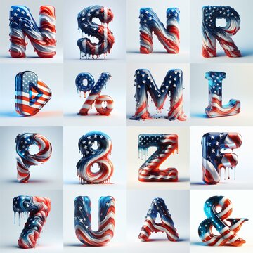 glass letters in color USA flag 3D Lettering Typeface. AI generated illustration