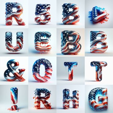 glass letters in color USA flag 3D Lettering Typeface. AI generated illustration