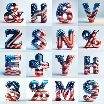 glass letters in color USA flag 3D Lettering Typeface. AI generated illustration