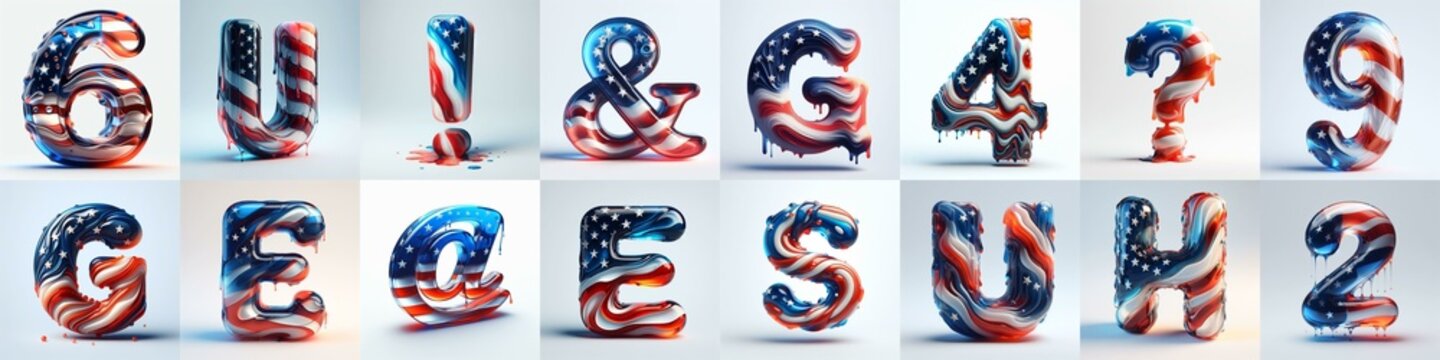 glass letters in color USA flag 3D Lettering Typeface. AI generated illustration