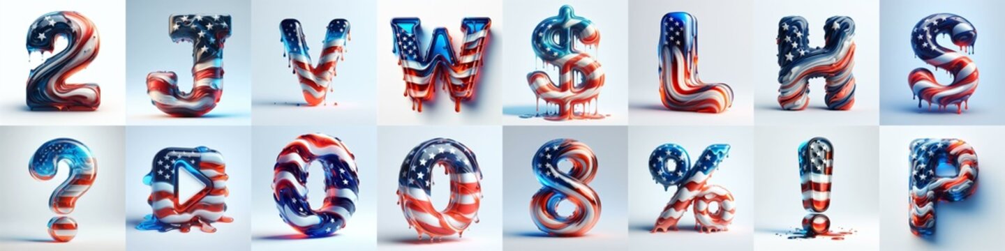 glass letters in color USA flag 3D Lettering Typeface. AI generated illustration