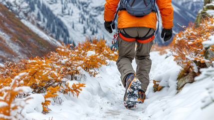 Wall Mural - At the height of the mountain peaks, climbers climb up the rocky slopes, overcoming obstacles a