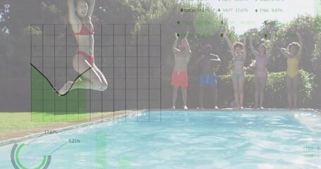 Aufkleber - Animation of charts processing data over diverse friends jumping into sunny swimming pool