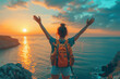 Confident woman with backpack with arms up relaxing at sunset seaside during a trip , traveler enjoying freedom in serene nature landscape