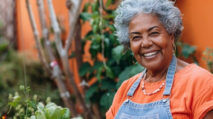 A portrait of a smiling elderly black woman tending to flowers in her garden