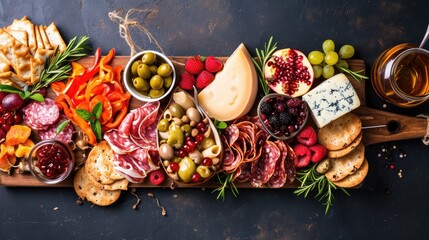 Savor the Moment: Exquisite Charcuterie Wooden Board Featuring an Abundance of Cured Meats, Cheeses, and Fresh Fruits, Crafted for an Unforgettable Culinary Experience. Empty background. Copy space.