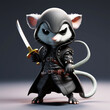 Cartoon mouse, ninja, samurai in 3D. Mouse warrior character slashes with a sword. Standing in the lead role. Ideal for posters and designs.
