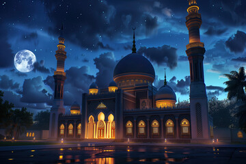 Wall Mural - islamic mosque with night sky and moon. ramadan kareem background