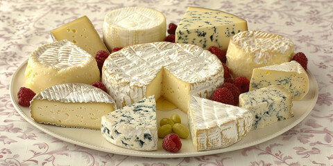 Wall Mural - A table with a variety of cheeses, honey, nuts and fruits, a offer for gourmets at a party or a