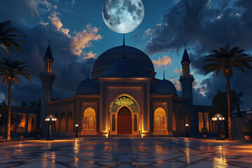 Wall Mural - islamic mosque with night sky and moon. ramadan kareem background