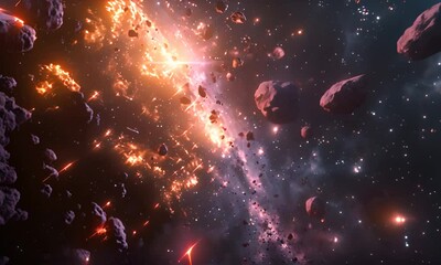 Wall Mural - space explosion with asteroids. the concept of cosmos and destruction.