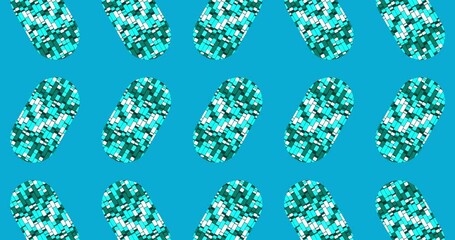 Poster - Animation of vertical rows of blue mosaic capsule shapes moving on blue background