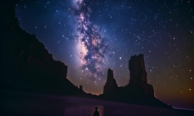 Wall Mural - person looking at the milky way in the desert. the concept of exploration and the grandeur of nature