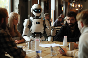 Poster - people working together with robots in a workshop room of a startup