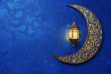 Wall Mural - crescent moon with lantern hanging on the blue background. ramadan kareem holiday celebration concept. eid mubarak greeting card