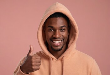 Canvas Print - A joyous man in an orange hoodie giving a thumbs up with a warm smile. Pink background.