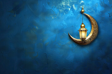 Wall Mural - crescent moon with lantern hanging on the blue background. ramadan kareem holiday celebration concept. eid mubarak greeting card