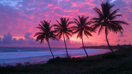 Poster - Palms surrounded by purple and pink shades of sunset create an incredible